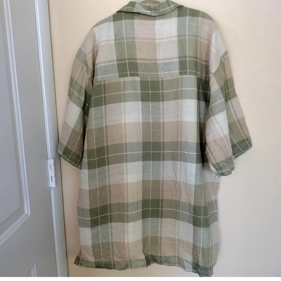 Godbody Linen Button Up Tan Olive Green Plaid Shirt XL Vacation Travel Weekend - Picture 3 of 4